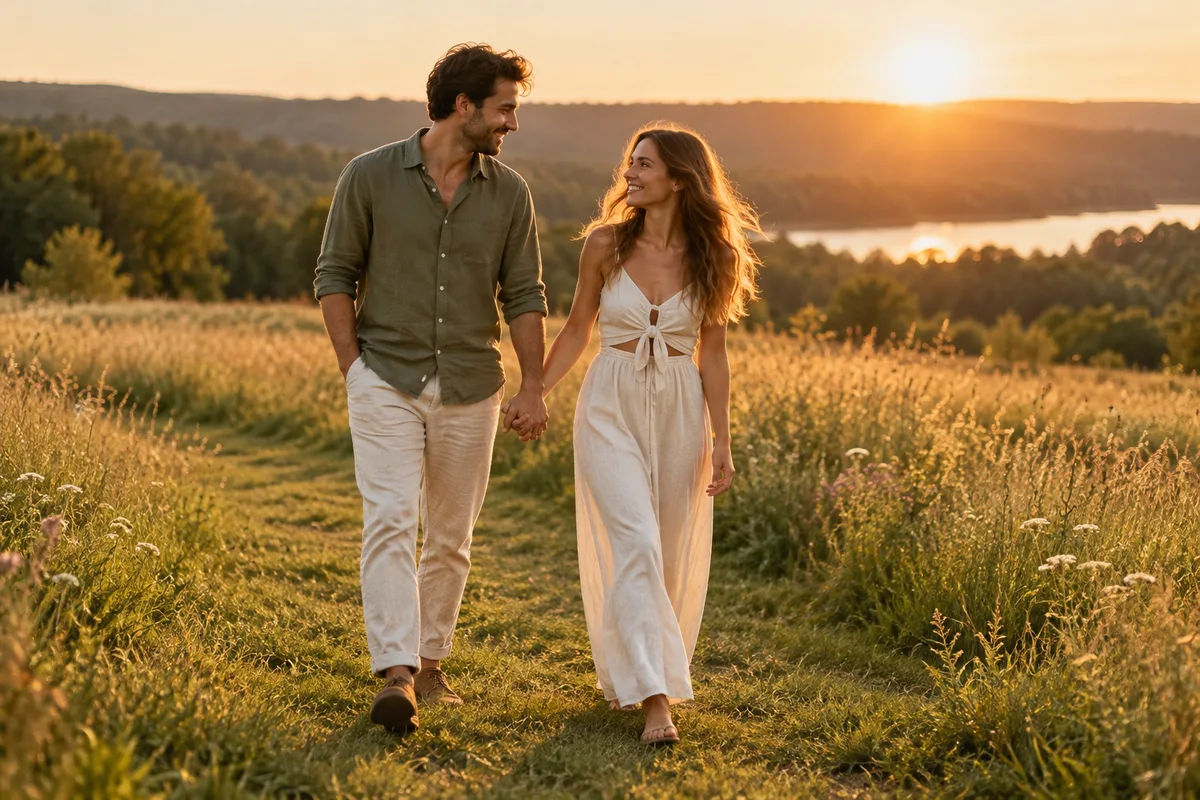 Outdoor engagement photo idea: a couple walking hand in hand through a meadow at golden hour
