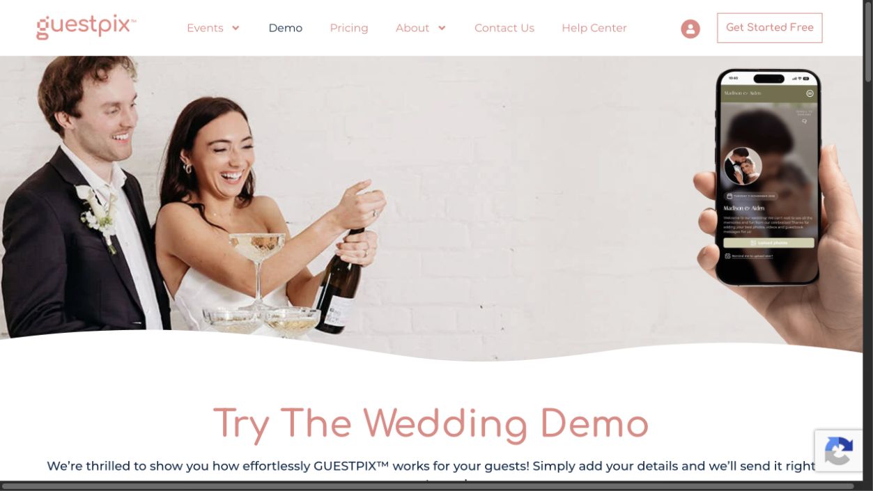 GUESTPIX demo request page with contact fields before entering the demo