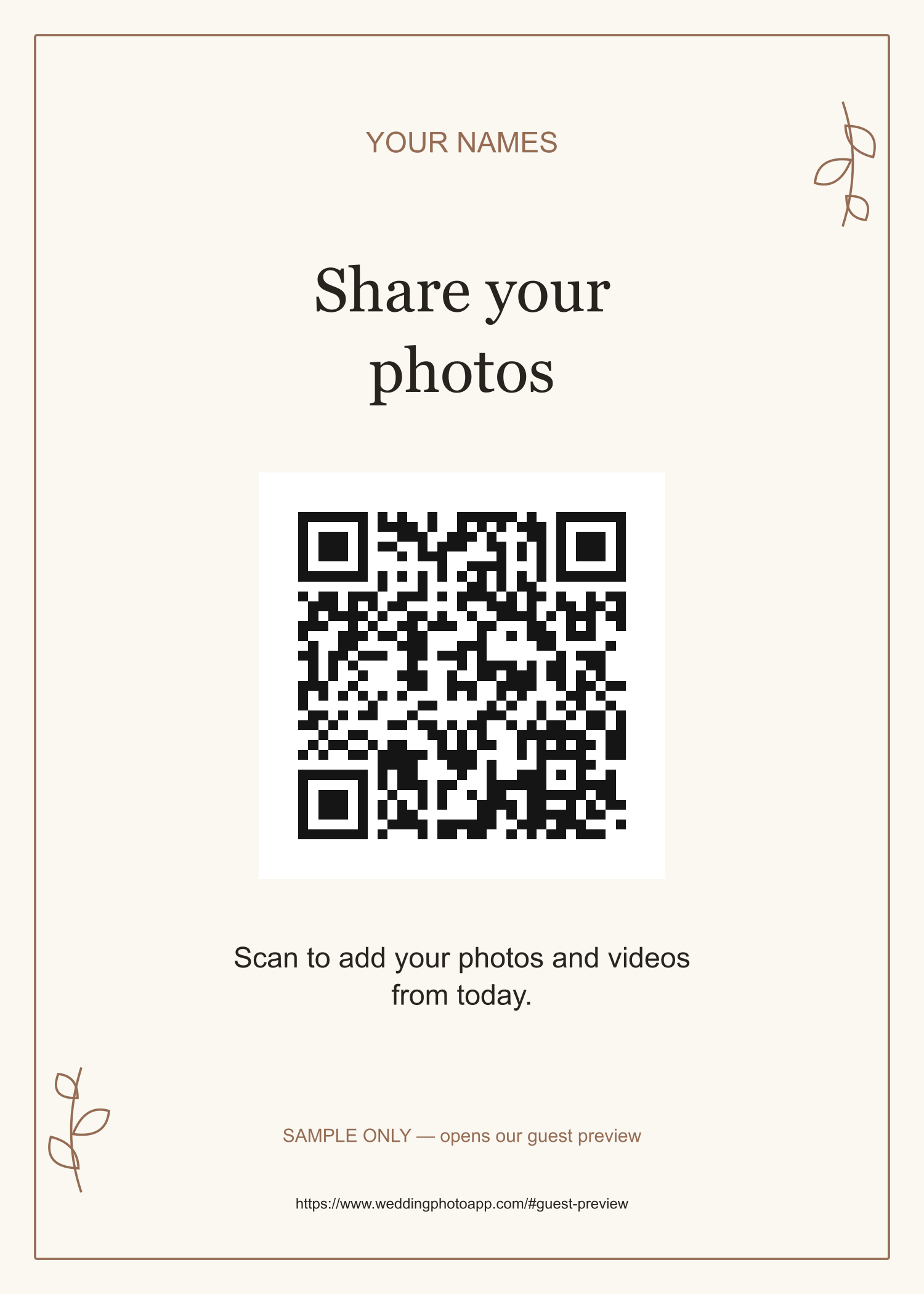 Example 5 by 7 wedding photo sign with a large QR code, upload instruction and fallback link