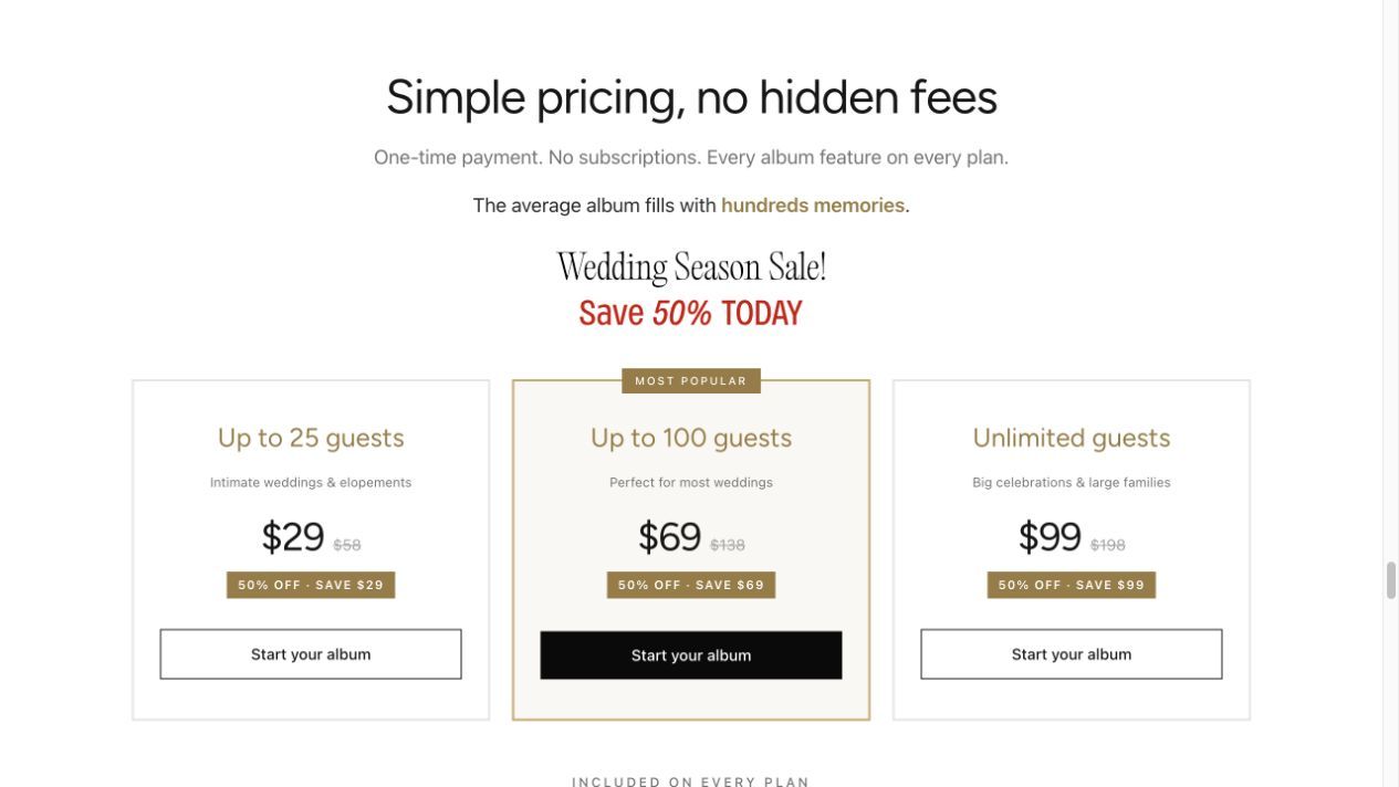 Wedding Studio package cards showing sale prices of $29 for 25 guests, $69 for 100 guests and $99 for unlimited guests