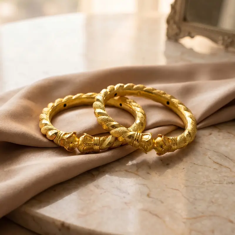 Traditional Gold-Plated Twisted Ruli Bala (Kada) Bangles (With Mukh) - Bangle in Copper material with 24K Gold Plated plating