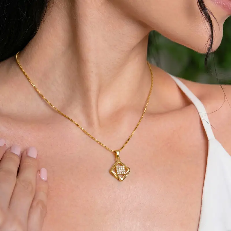 Geometric Glamour Rhombus AD Stone Gold-Plated Necklace - Chain Pendant in Brass material with 24K Gold Plated plating
