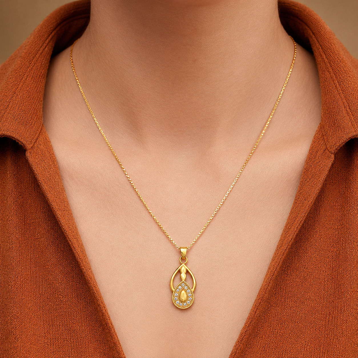 Elegant Teardrop Halo AD Stone Gold-Plated Necklace - Chain Pendant in Brass material with 24K Gold Plated plating