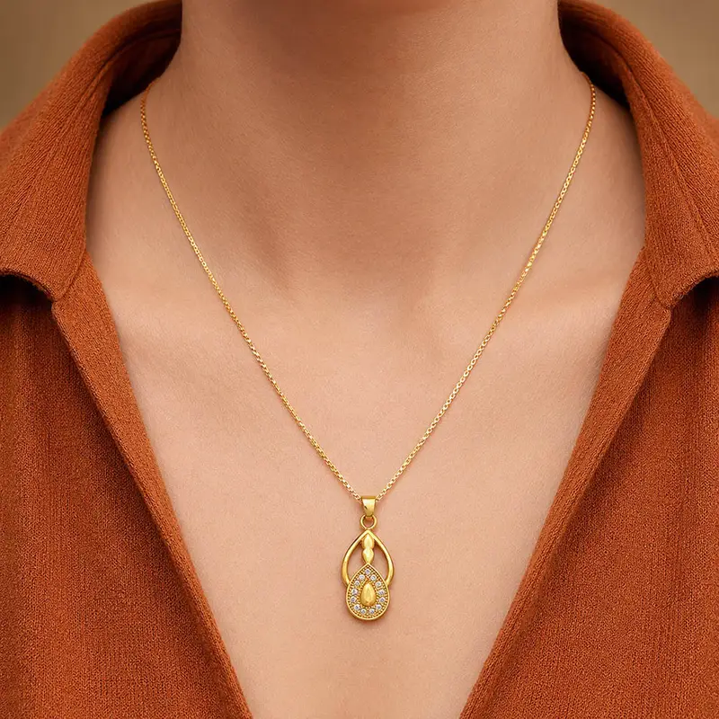 Elegant Teardrop Halo AD Stone Gold-Plated Necklace - Chain Pendant in Brass material with 24K Gold Plated plating