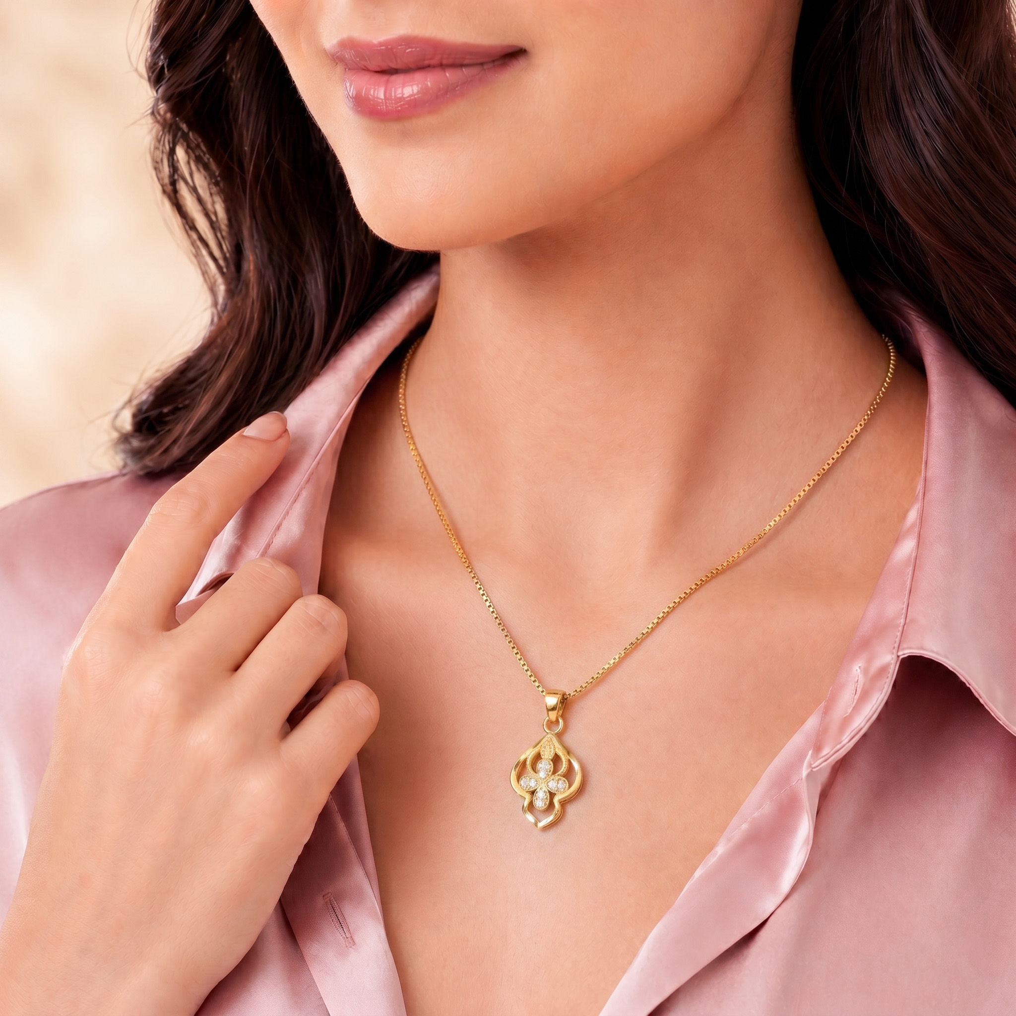 Vintage-Inspired Quatrefoil AD Stone Gold-Plated Necklace - Chain Pendant in Brass material with 24K Gold Plated plating