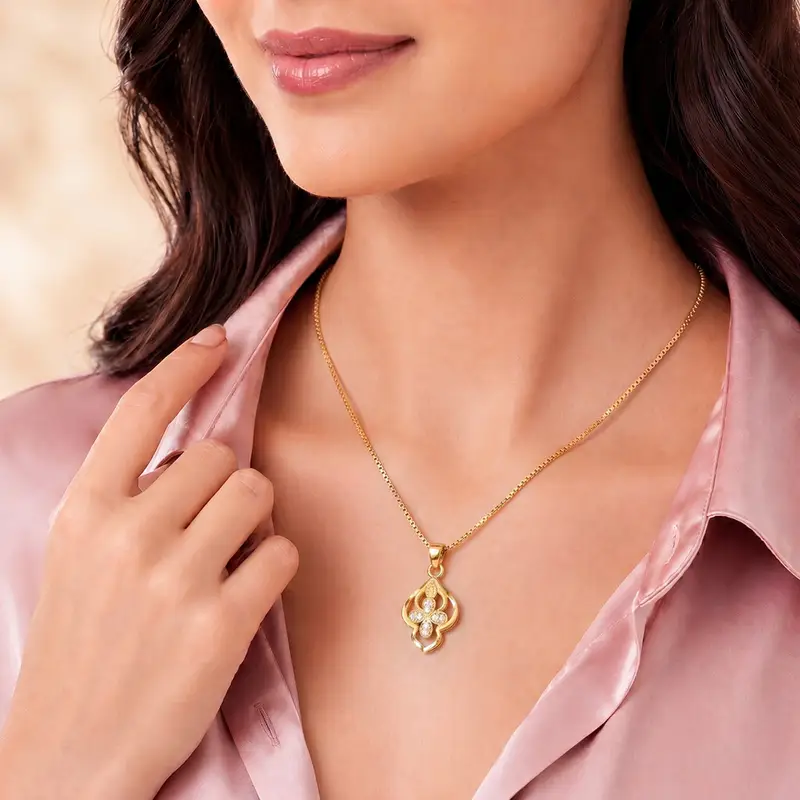 Vintage-Inspired Quatrefoil AD Stone Gold-Plated Necklace - Chain Pendant in Brass material with 24K Gold Plated plating
