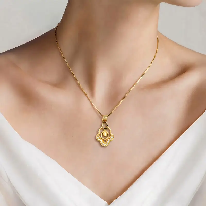 Regal Scalloped Teardrop AD Stone Gold-Plated Necklace - Chain Pendant in Brass material with 24K Gold Plated plating