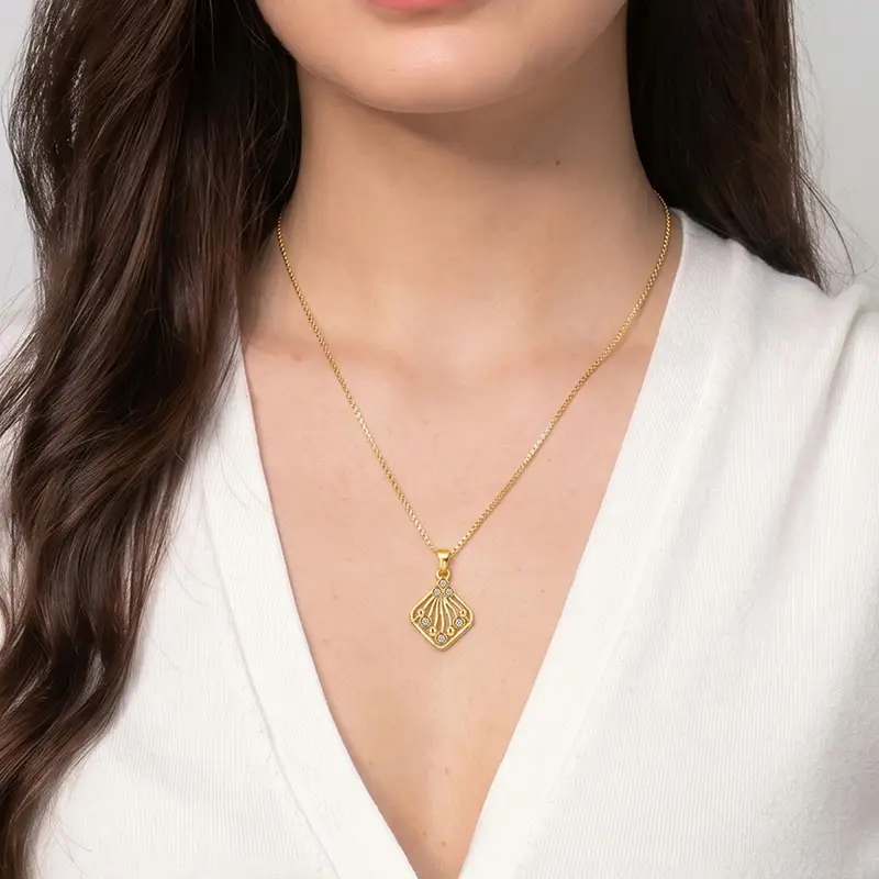 Art Deco Sunburst AD Stone High-Polished Gold Plated Necklace - Chain Pendant in Brass material with 24K Gold Plated plating