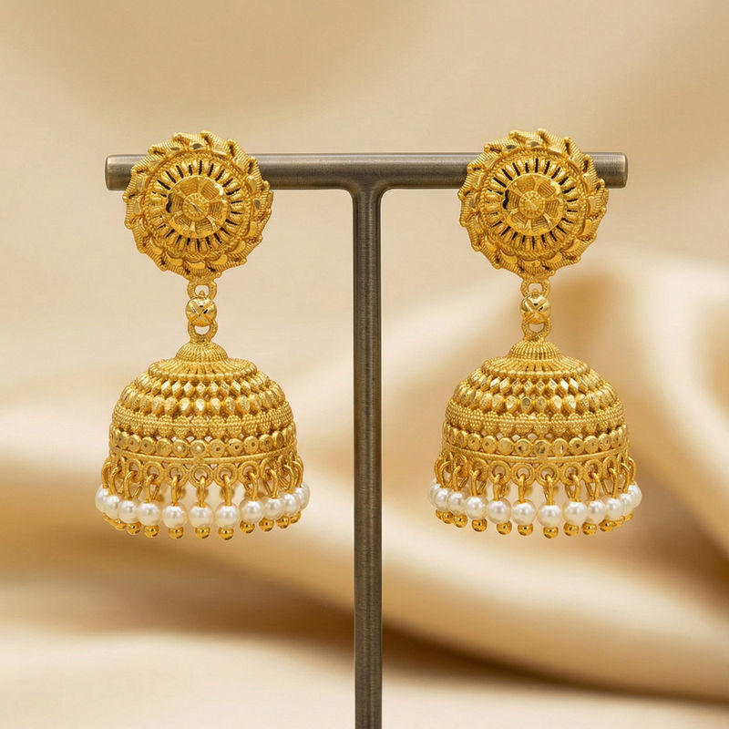 Traditional Gold-Plated Jhumka Earrings with White Pearl Drops - Earring in copper material with 24K Gold Plated plating