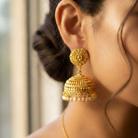 Traditional Gold-Plated Jhumka Earrings with White Pearl Drops thumbnail 2