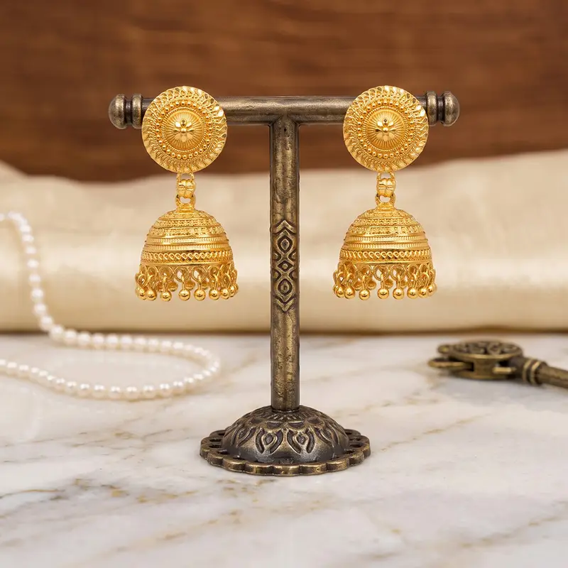 Traditional Gold-Plated Beaded Jhumka Earrings - Earring in Copper material with 24K Gold Plated plating