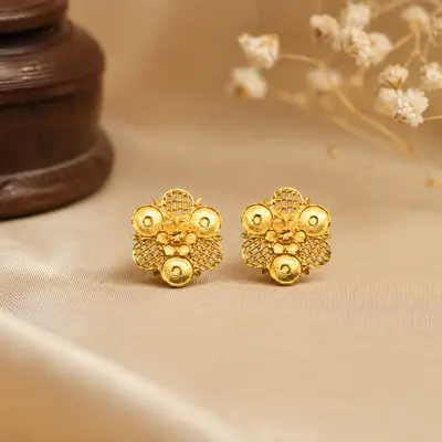 Gold-Plated Filigree and Dome Floral Stud Earrings