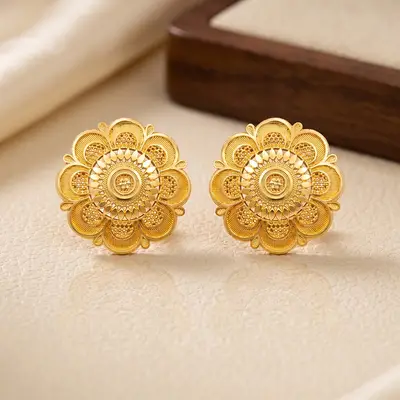 Gold-Plated Scalloped Floral Mandala Stud Earrings