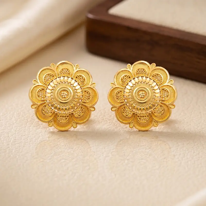 Gold-Plated Scalloped Floral Mandala Stud Earrings - Earring in Copper material with 24K Gold Plated plating