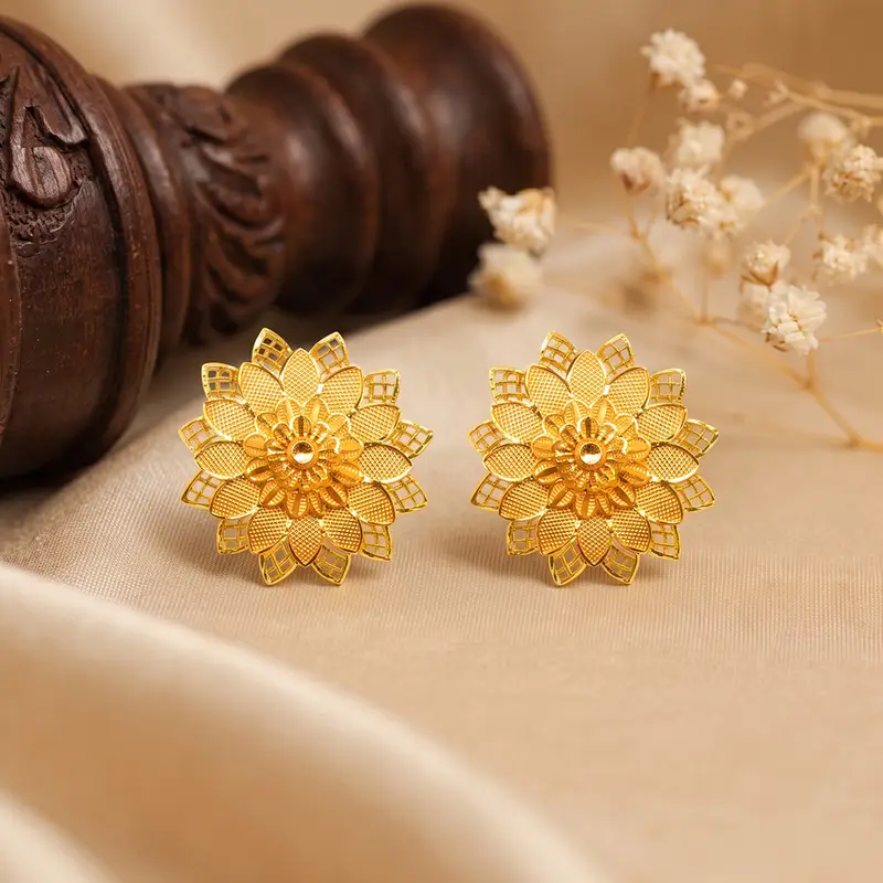 Gold-Plated Intricate Floral Stud Earrings - Earring in Copper material with 24K Gold Plated plating