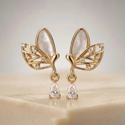 Gold-Plated Butterfly Drop Earrings with Shell Inlay