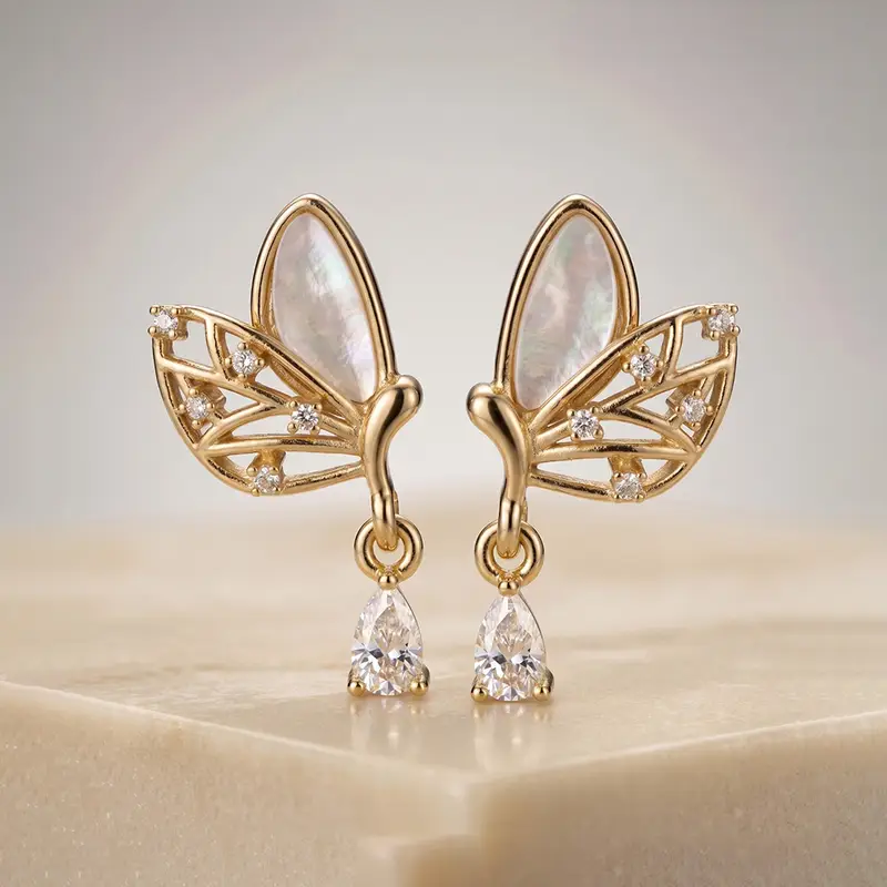 Gold-Plated Butterfly Drop Earrings with Shell Inlay - View 1