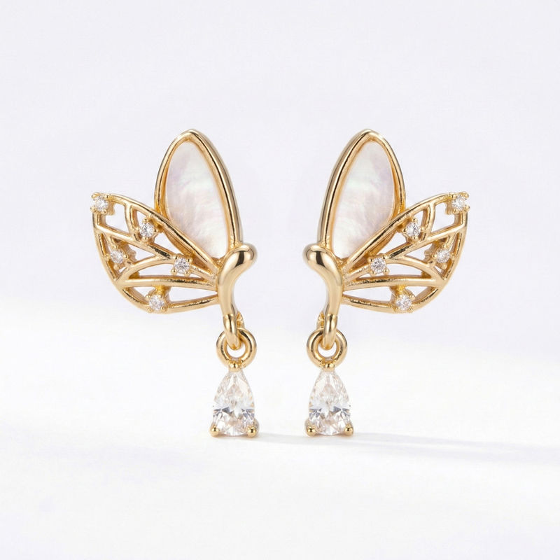 Gold-Plated Butterfly Drop Earrings with Shell Inlay - Earring in copper material with 24K Gold Plated plating