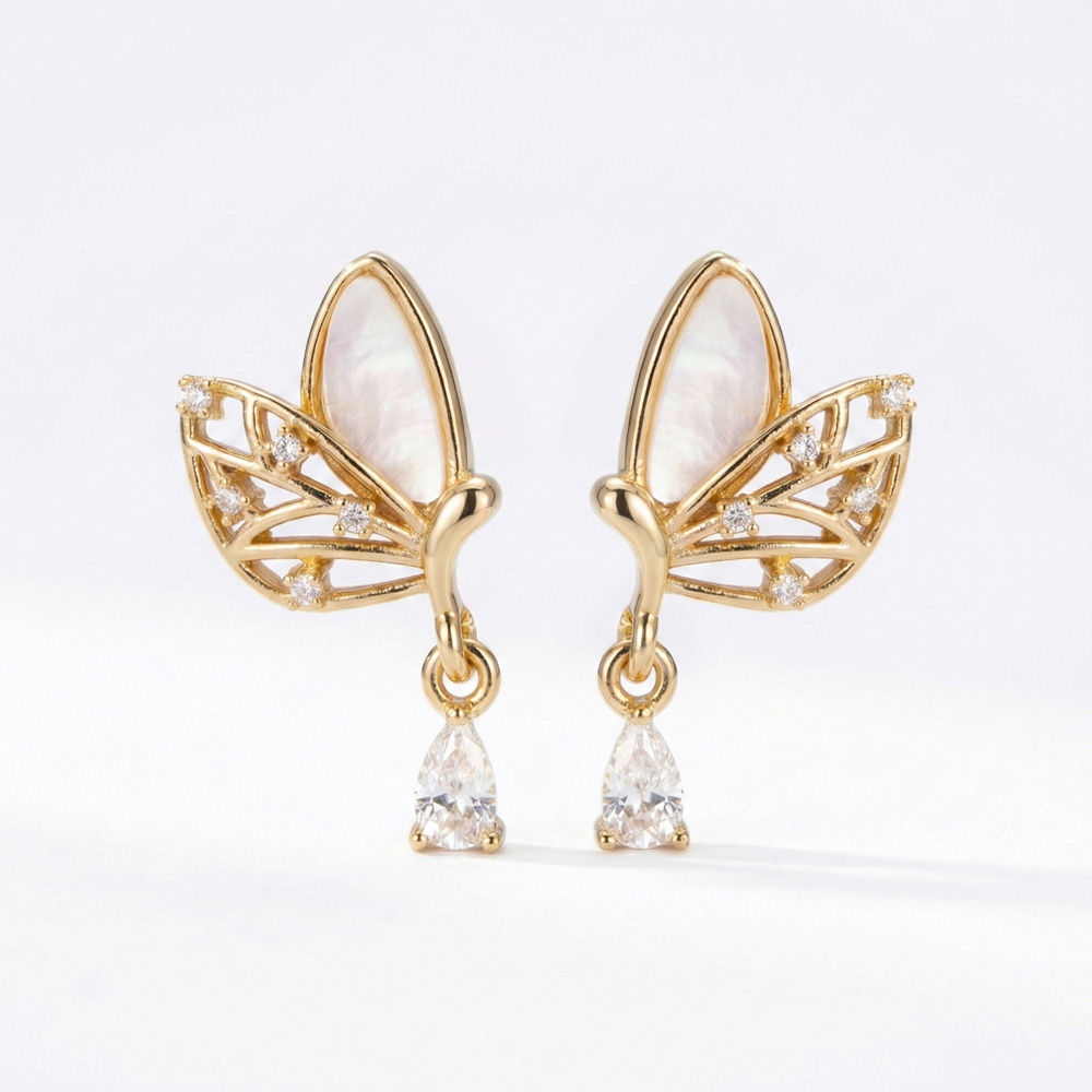 Gold-Plated Butterfly Drop Earrings with Shell Inlay - Earring in copper material with 24K Gold Plated plating