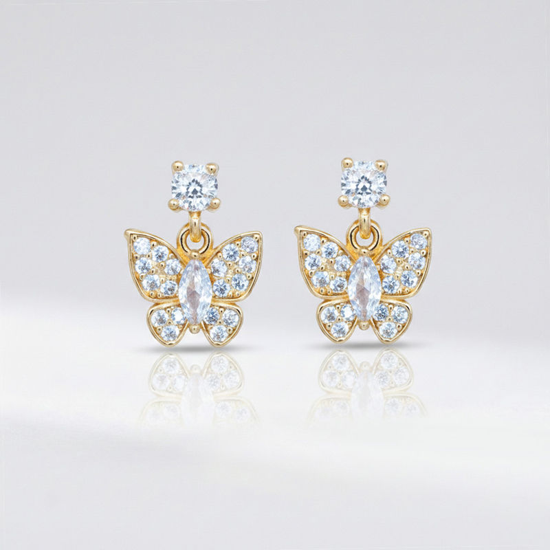 Sparkling American Diamond Butterfly Dangle Earrings - Earring in copper material with 24K Gold Plated plating