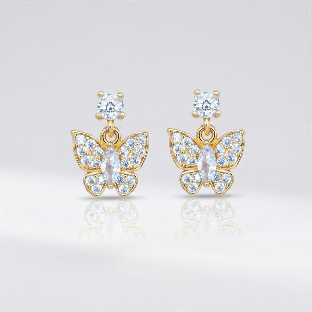 Sparkling American Diamond Butterfly Dangle Earrings - Earring in copper material with 24K Gold Plated plating