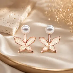 Elegant Pearl and Enamel Butterfly Stud Earrings thumbnail 1
