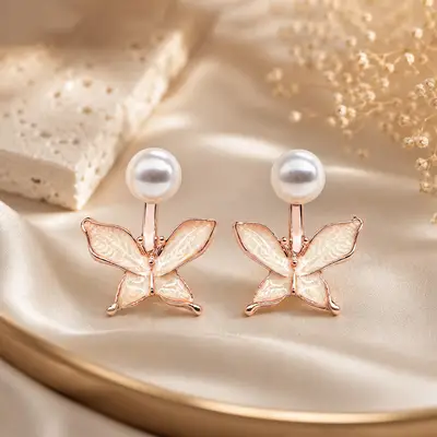 Elegant Pearl and Enamel Butterfly Stud Earrings