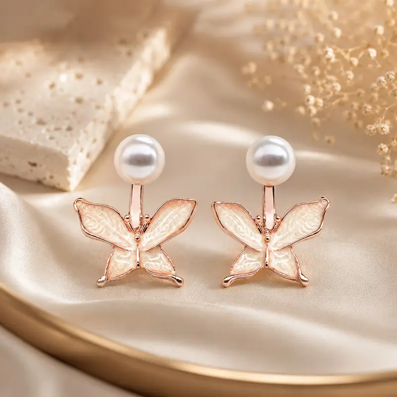Elegant Pearl and Enamel Butterfly Stud Earrings - Earring in Stainless Steel material with Gold Plated plating