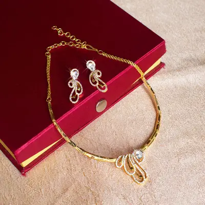 Exquisite Gold-Polish Forming Necklace Set with AD Stone Swirl Design