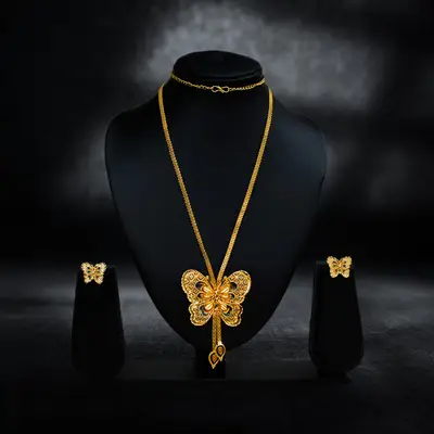 Gold-Plated Long Necklace Set with Enamel Butterfly Pendant