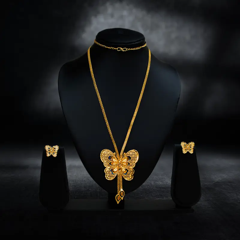 Gold-Plated Long Necklace Set with Enamel Butterfly Pendant - View 1