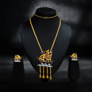 Unique Gold-Plated Long Necklace Set with Enamel Ship Pendant thumbnail 1