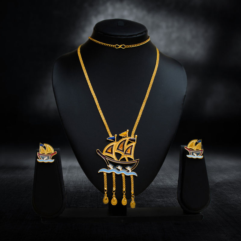 Unique Gold-Plated Long Necklace Set with Enamel Ship Pendant - Necklace Set in Brass material with 24K Gold Plated plating