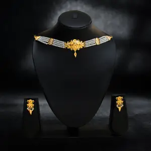 Multi-Strand Pearl Choker with Gold-Plated Floral Motif thumbnail 1