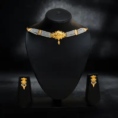 Multi-Strand Pearl Choker with Gold-Plated Floral Motif