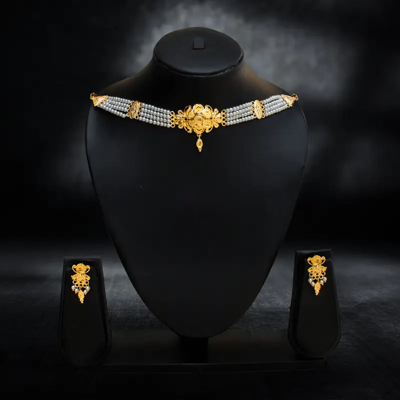 Multi-Strand Pearl Choker with Gold-Plated Floral Motif - View 1