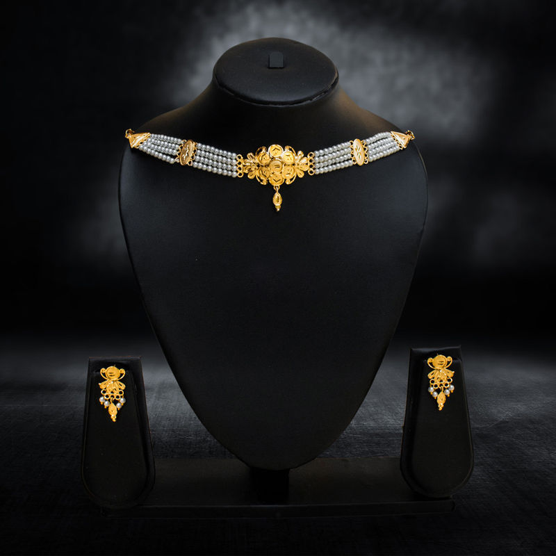 Multi-Strand Pearl Choker with Gold-Plated Floral Motif - Necklace Set in Brass material with 24K Gold Plated plating