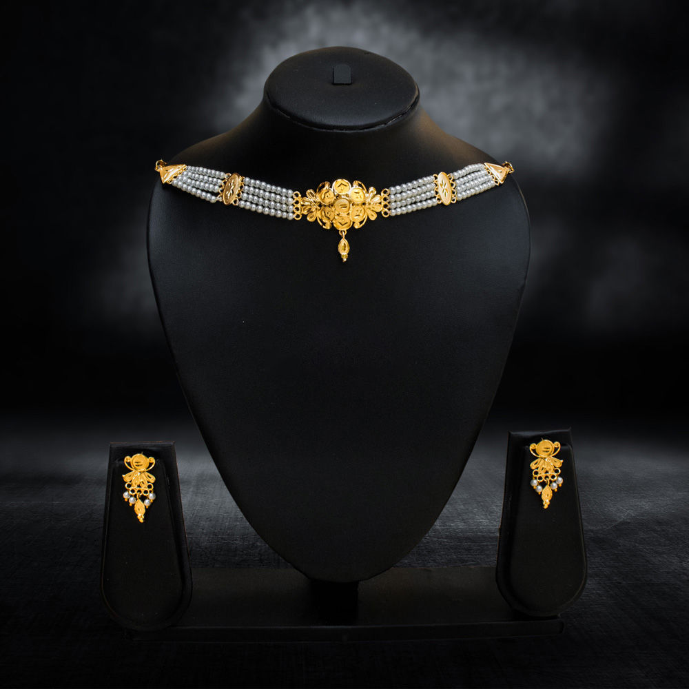 Multi-Strand Pearl Choker with Gold-Plated Floral Motif - Necklace in Brass material with 24K Gold Plated plating