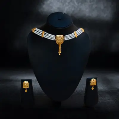 Multi-Strand Pearl Choker with Gold-Plated Tassel Centerpiece