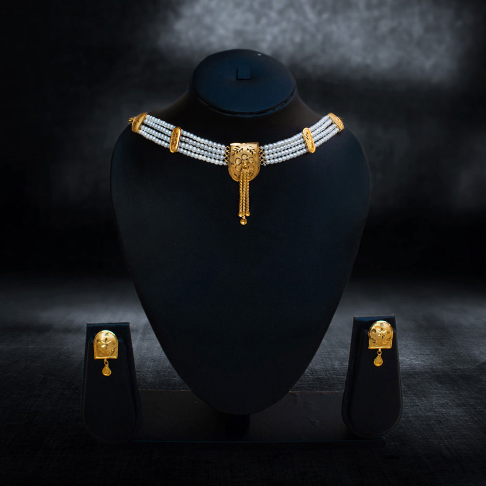 Multi-Strand Pearl Choker with Gold-Plated Tassel Centerpiece - Necklace in Brass material with 24K Gold Plated plating