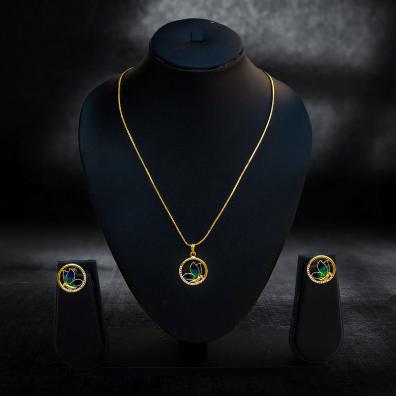 Gold-Plated Chain with Enamel Butterfly Motif Pendant - Necklace Set in Brass material with 24K Gold Plated plating