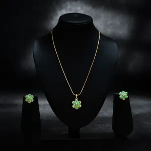Delicate Gold-Plated Chain with Green Enamel Floral Pendant thumbnail 1