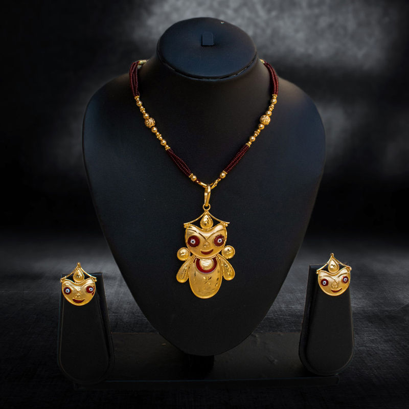 Traditional Gold-Plated Lord Jagannath Pendant with Maroon Beads - Necklace Set in Brass material with 24K Gold Plated plating