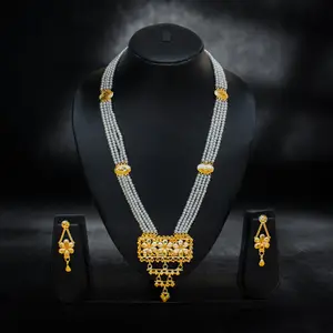 Gold-Plated Long Pearl Necklace with Floral Pendant thumbnail 1