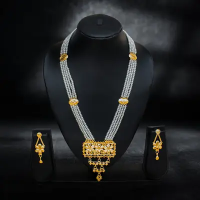Gold-Plated Long Pearl Necklace with Floral Pendant