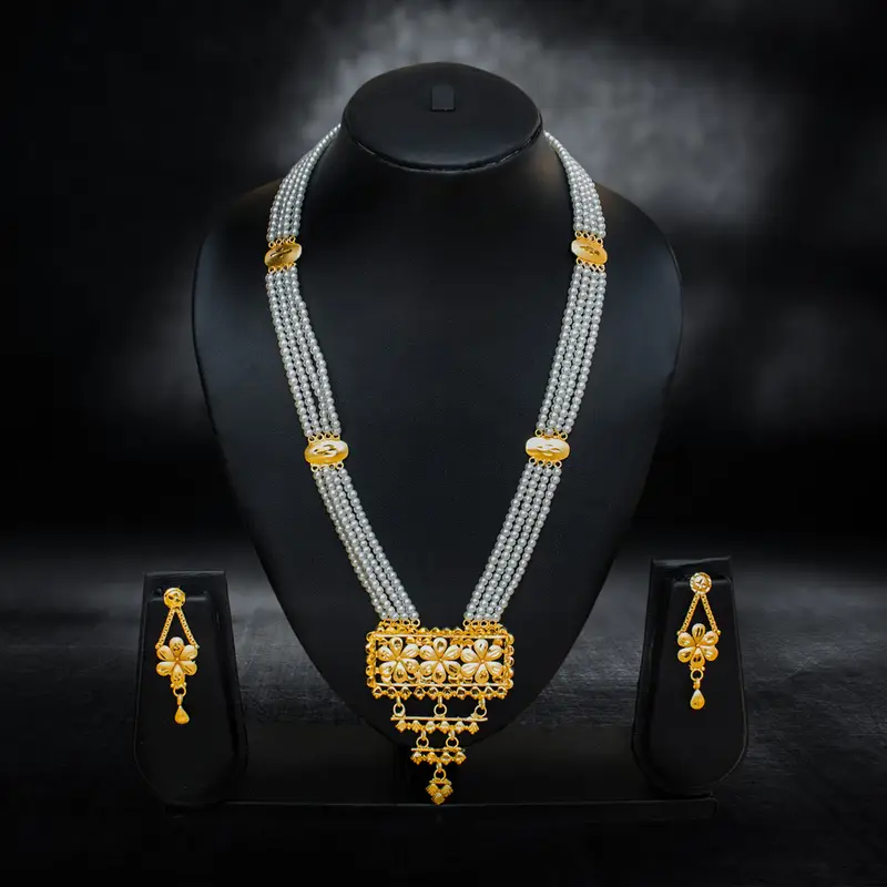 Gold-Plated Long Pearl Necklace with Floral Pendant - View 1