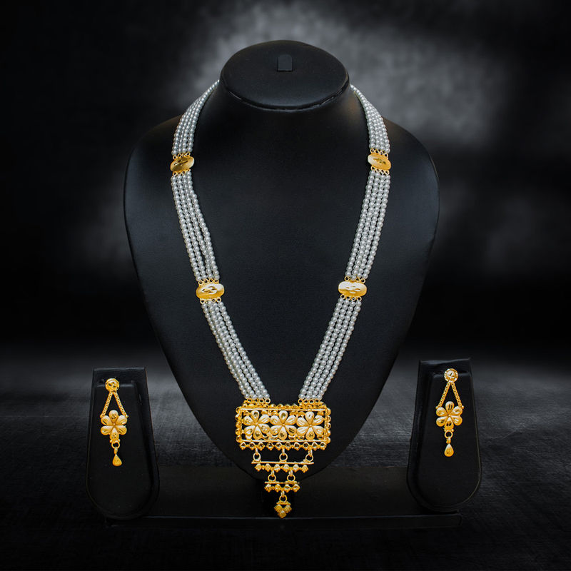 Gold-Plated Long Pearl Necklace with Floral Pendant - Necklace Set in Copper material with 24K Gold Plated plating