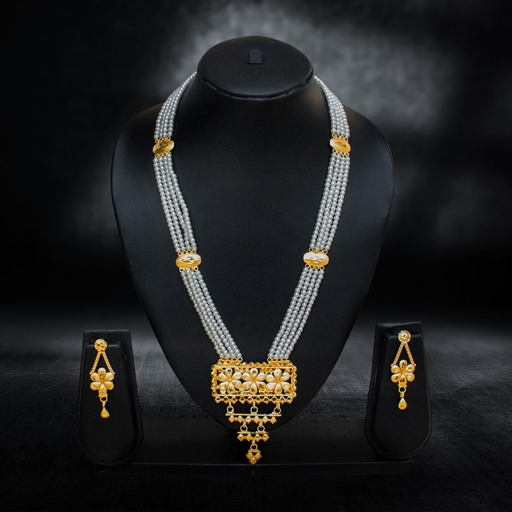 Gold-Plated Long Pearl Necklace with Floral Pendant - Necklace in Copper material with 24K Gold Plated plating