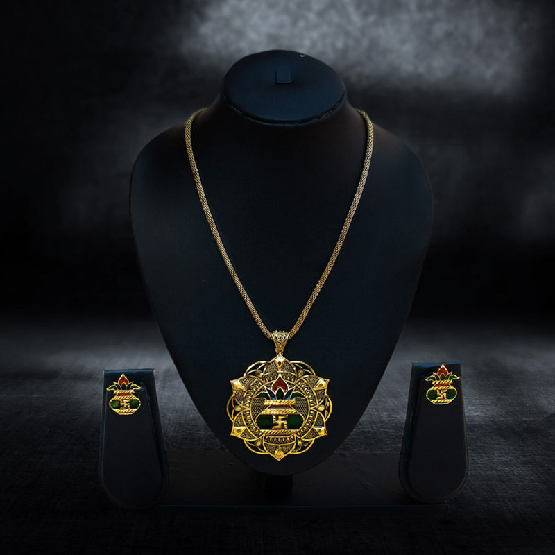 Gold-Plated Swastika & Kalash Pendant Set - Necklace Set in Brass material with 24K Gold Plated plating
