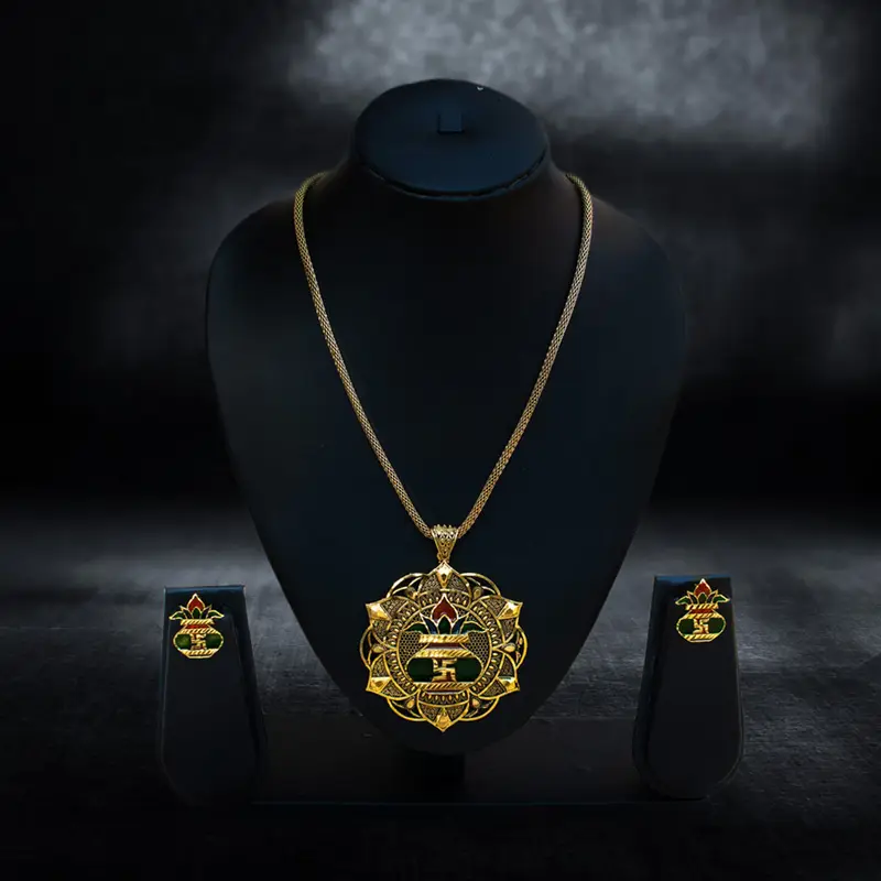 Gold-Plated Swastika & Kalash Pendant Set - View 1
